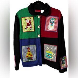 Vintage Christmas Cardigan Santa Snowmen Grandma Core Onque Casuals Medium READ